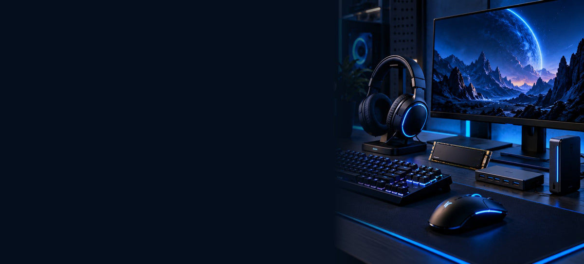 Setup de informática com monitor, teclado mecânico, mouse e iluminação azul